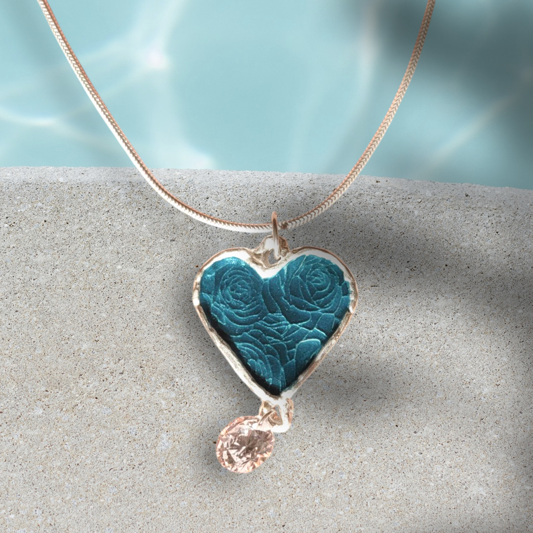 Collier emaux transparents sur argent fin avec zircon COEUR TURQUOISE - Maison CALUB