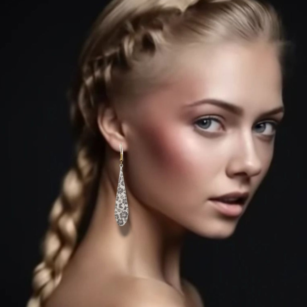Longues Boucles d'oreilles en émail sur cuivre - OMBRE fleurie