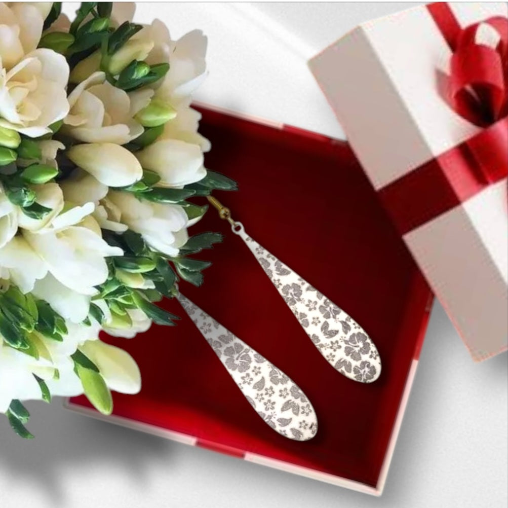 Longues Boucles d'oreilles en émail sur cuivre - OMBRE fleurie
