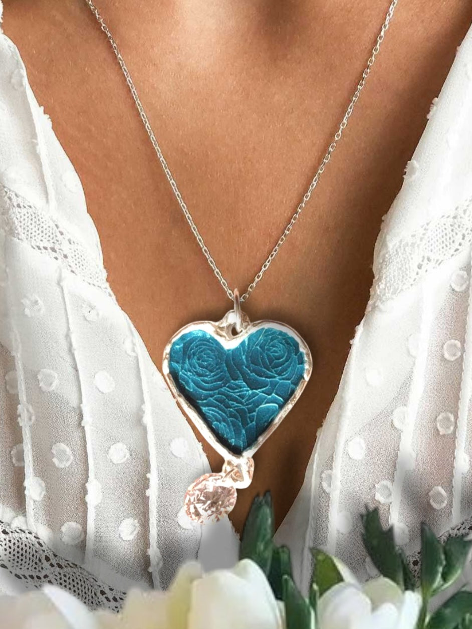 Collier emaux transparents sur argent fin avec zircon COEUR TURQUOISE - Maison CALUB