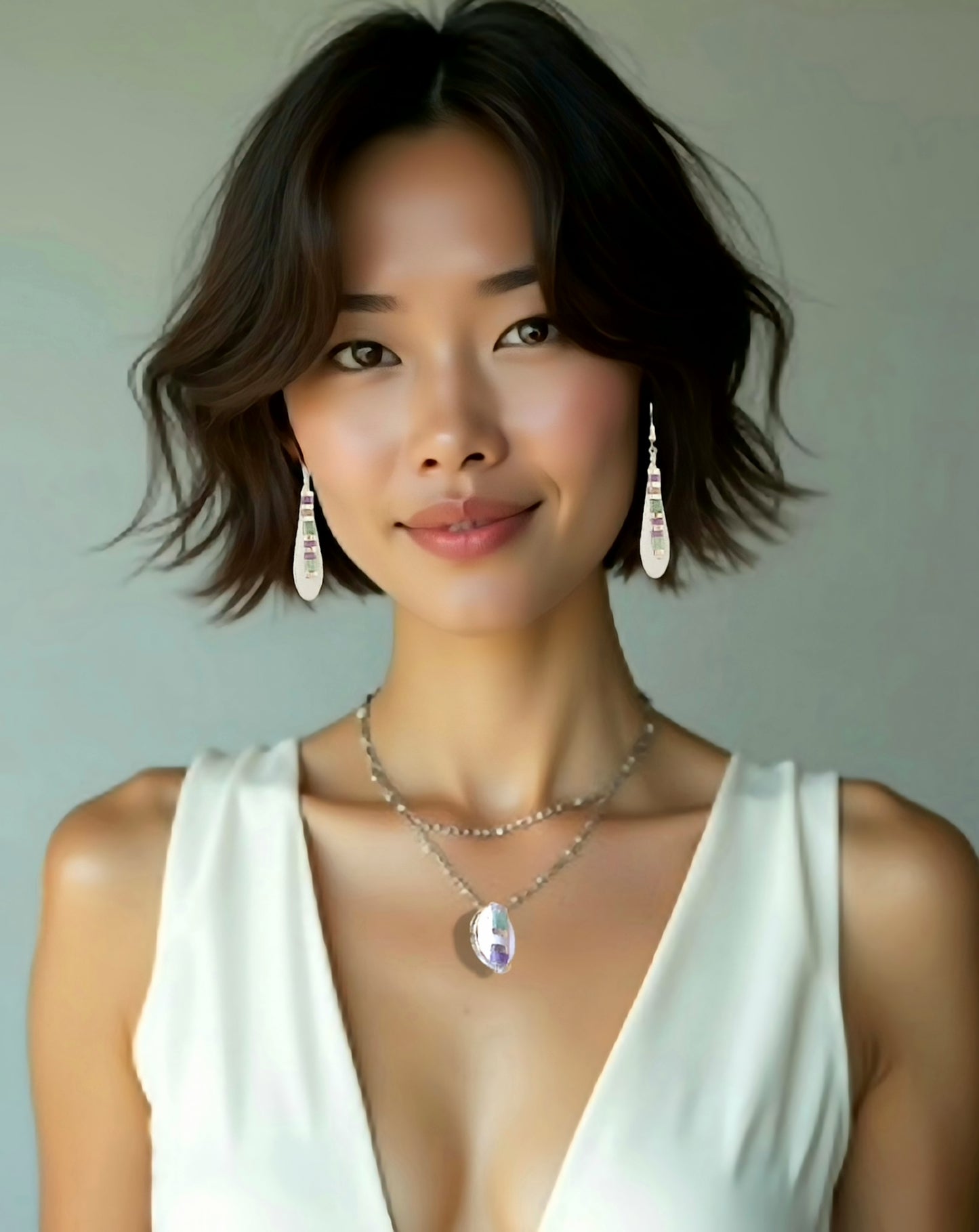 jeune femme portant des boucles d'oreilles forme goutte emaux - bijou en email original de maison calub avec perles myuki