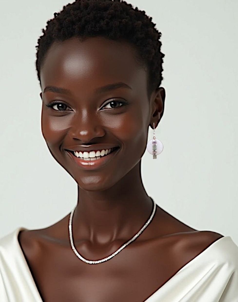 jeune femme portant les boucles d'oreilles rondes pendant emaux de la maison CALUB, bijou en email avec perles miyuki