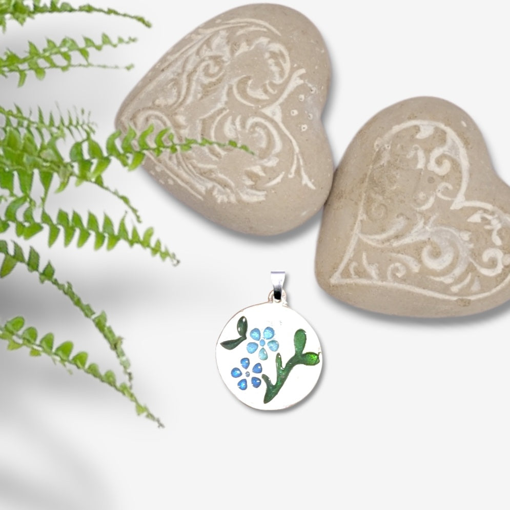 Pendentif Rond Floral Bleu et Vert – Émail Champlevé sur Argent Fin - Maison CALUB