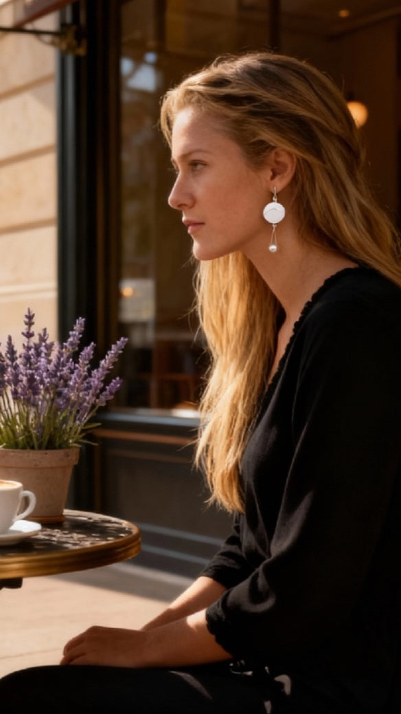 femme portant les boucles d'oreilles en émail sur cuivre blanche, ornées de la ligne noire évoquant la montagne sainte-victoire à Aix en Provence. Création maison Calub. Bijou artisanal