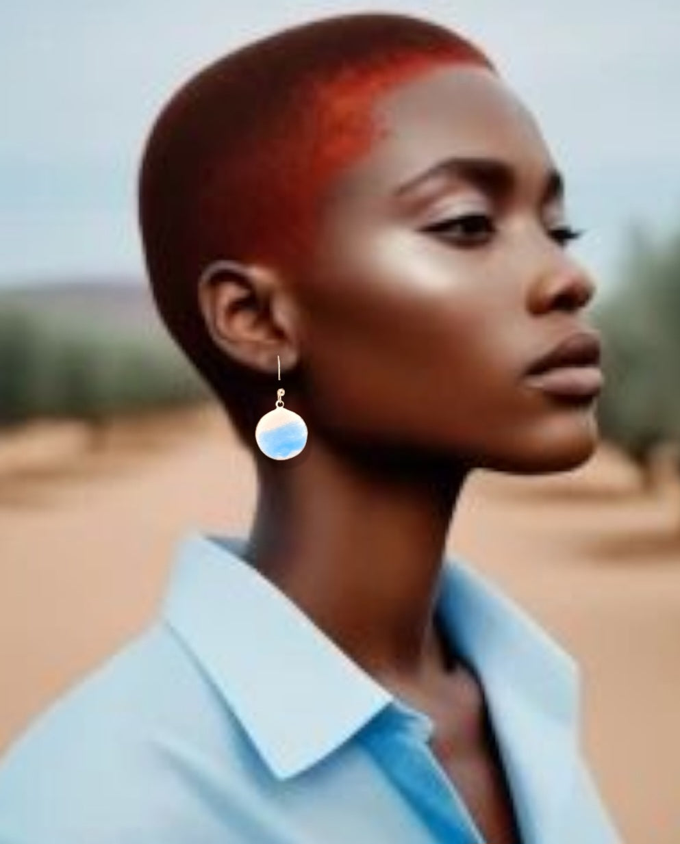 jeune femme portant les boucles d'oreilles rondes oh bleu de maison calub pendant en émail sur cuivre bleu translucide sur fond blanc émaux traditionnels