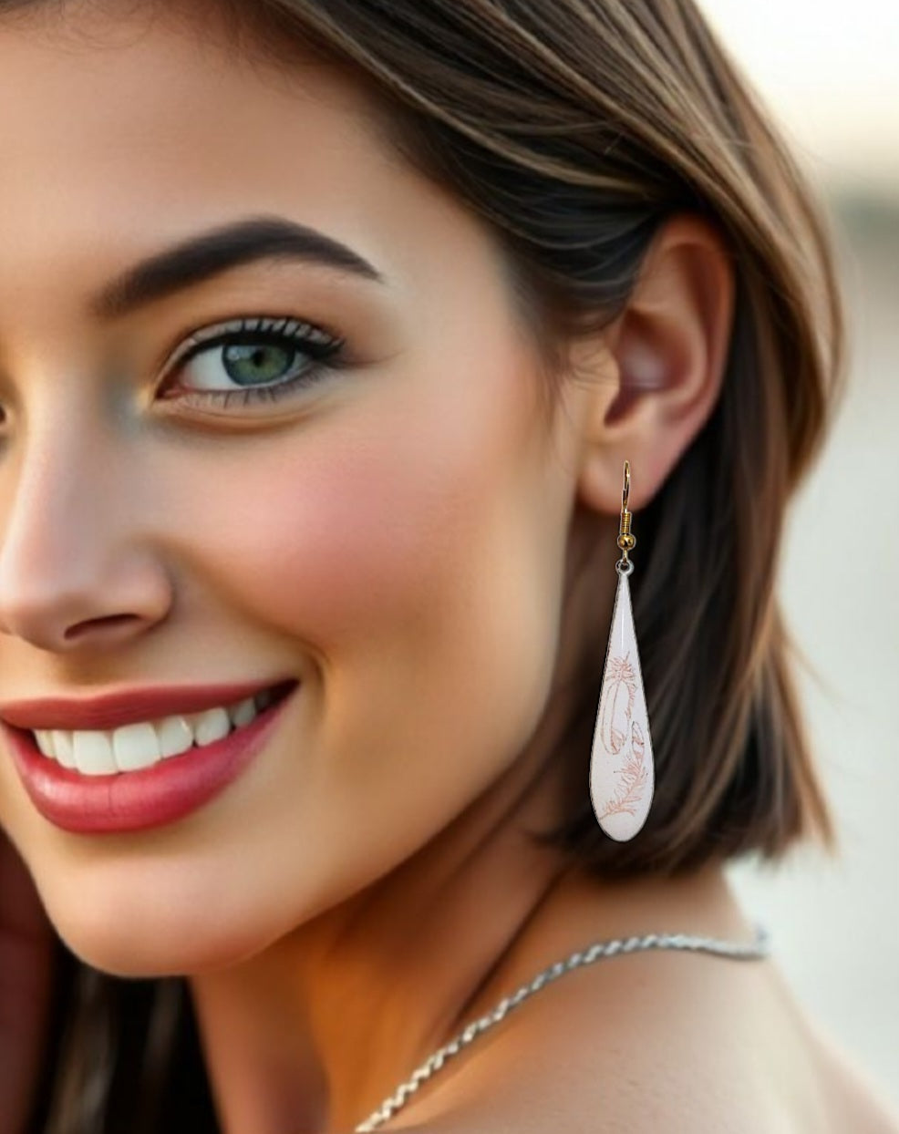 femme portant les boucles d'oreilles gouttes longues en émail sur cuivre aux motifs très fin de plumes . Bijou artisanal maison calub les émaux du Luberon