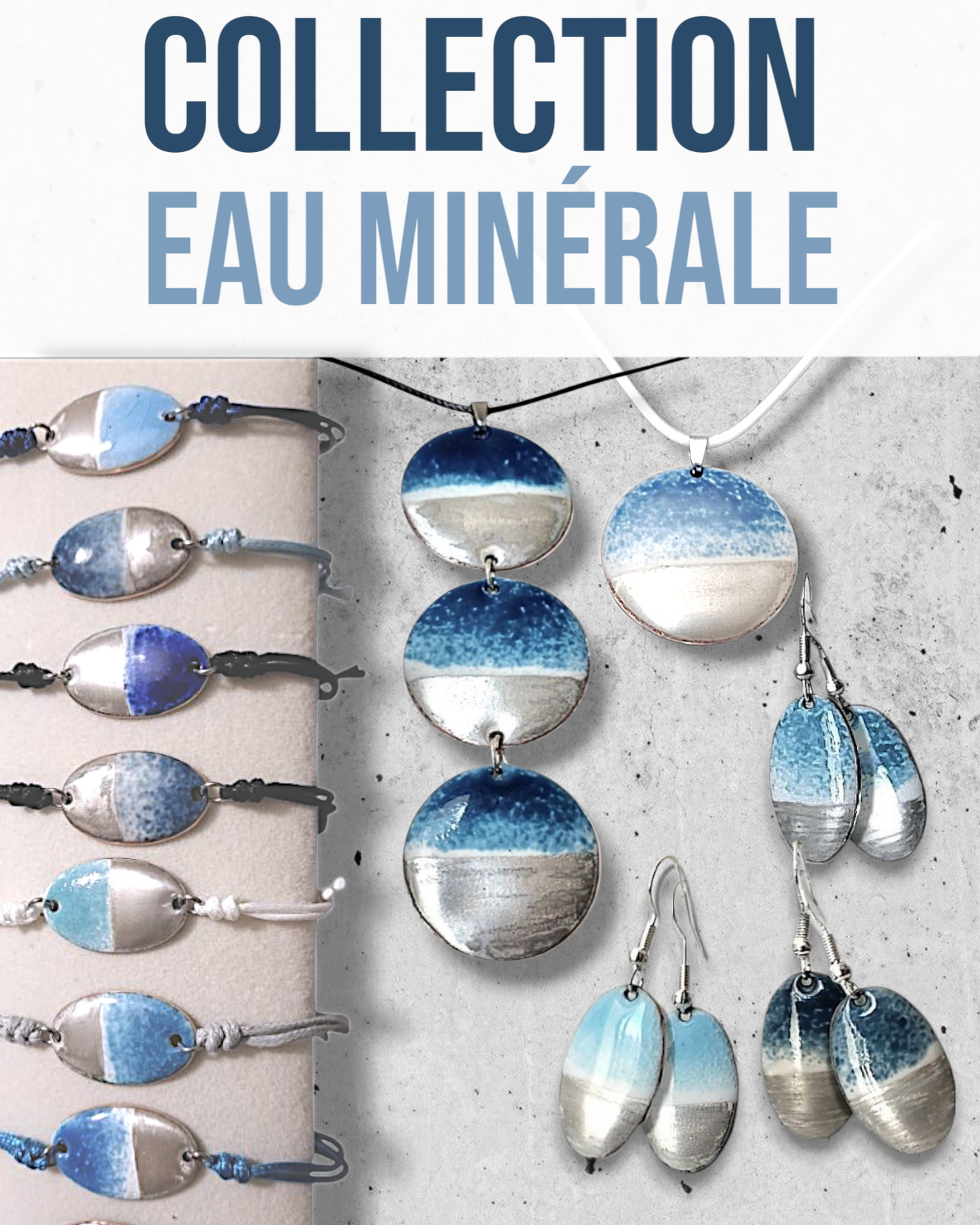 aperçu de la collecition eau minérale, bijoux en émail sur cuivre et lustre d'argent contemporains, une signature maison CALUB