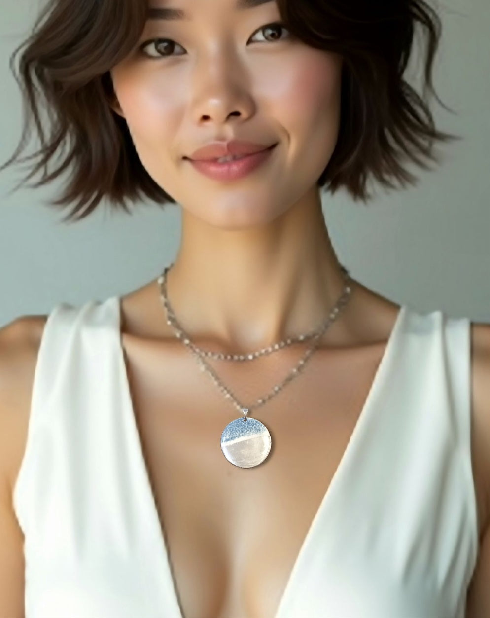 collier en émail sur cuivre et lustre d'argent contemporain monté sur cordon, une signature maison CALUB