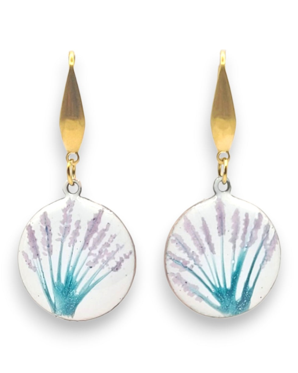 Boucles Oreilles Champs de Lavande Émail Peint Turquoise Mauve CALUB