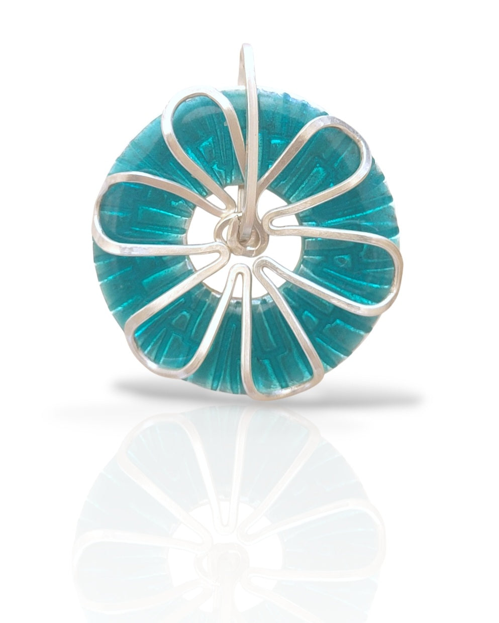 pendentif roue fleur turquoise basse-taille argent fin email grand feu et motif en argent - maison calub