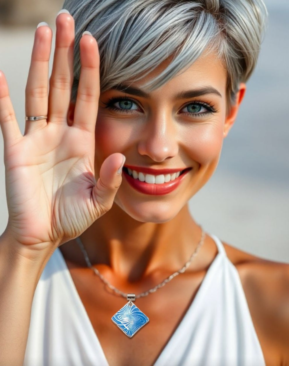 jeune femme élégante portant le Pendentif basse-taille en émail sur argent fin motif symbolique infini contemporain. Bijou artisanal réalisé à la main chez maison Calub les émaux du Luberon. Email translucide bleu