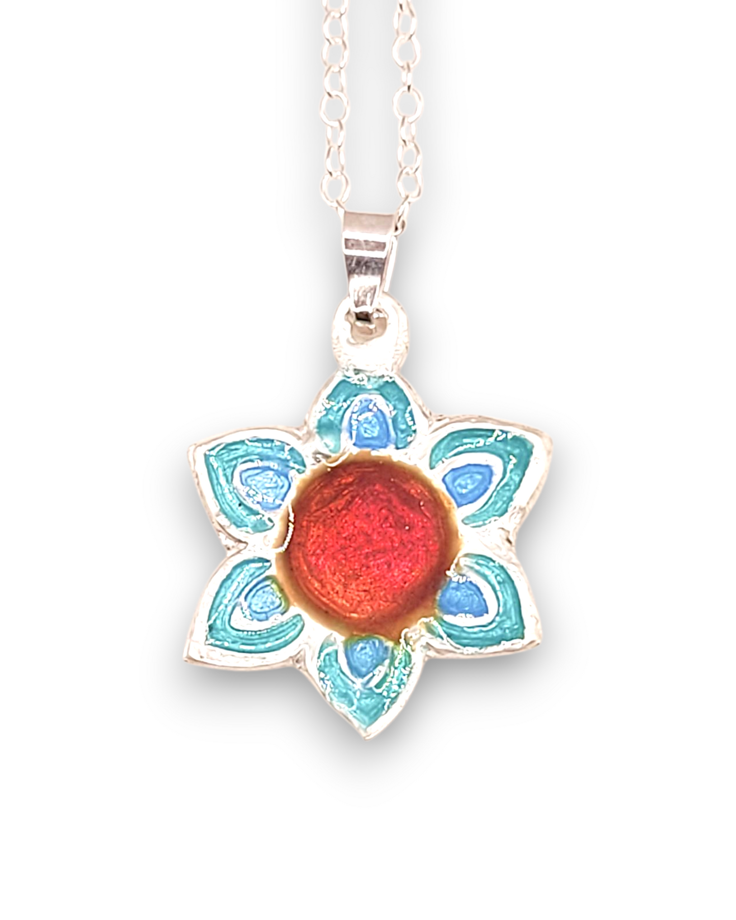 pendentif fleur champlevé en émail sur argent fin multicolore. Bijou artisanal fait main chez maison calub les émaux du Luberon