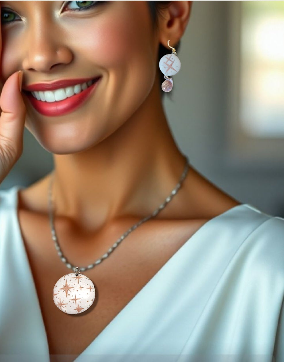 femme brune portant un pendentif émaillé lumineux aux fines étoiles rosées sur fond blanc émaux sur cuivre artisanaux de maison calub
