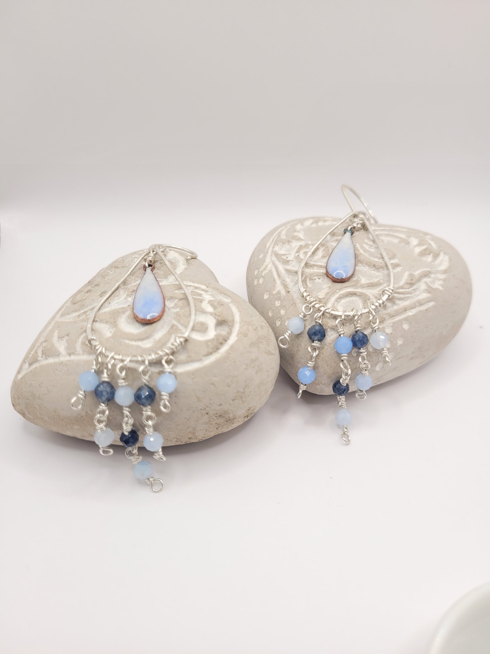 Boucles d'oreilles chandelier argent aigue-marine émail bleu  création artisanale maison calub
