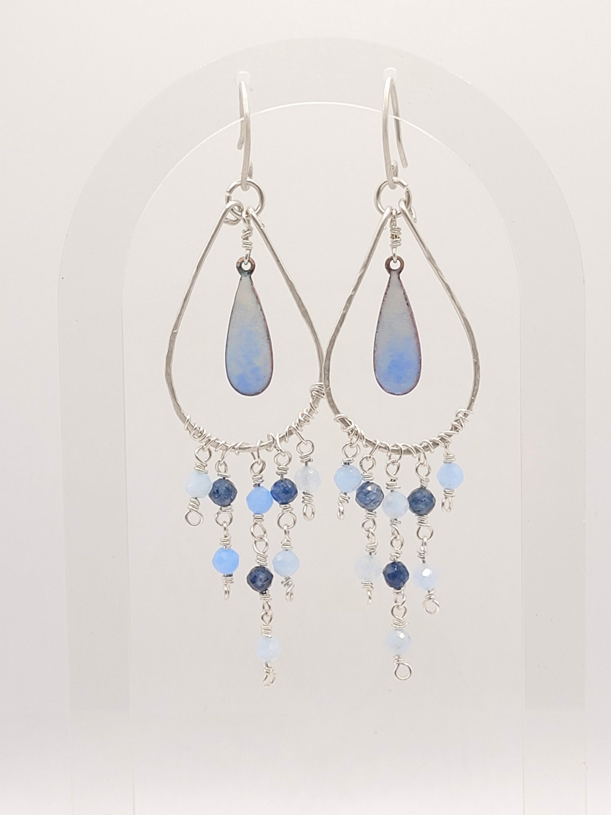 Boucles d'oreilles chandelier argent aigue-marine émail bleu  création artisanale maison calub