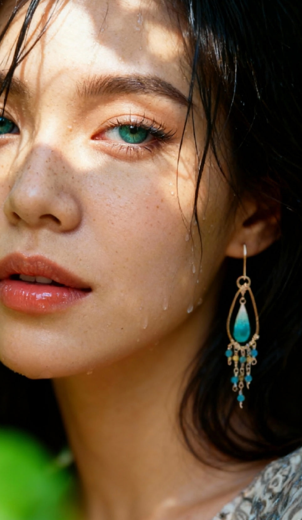 Bijou artisanal fait main "made in France" femme portant les Boucles d'oreilles chandelier émail turquoise argent apatite olivine création artisanale Maison Calub