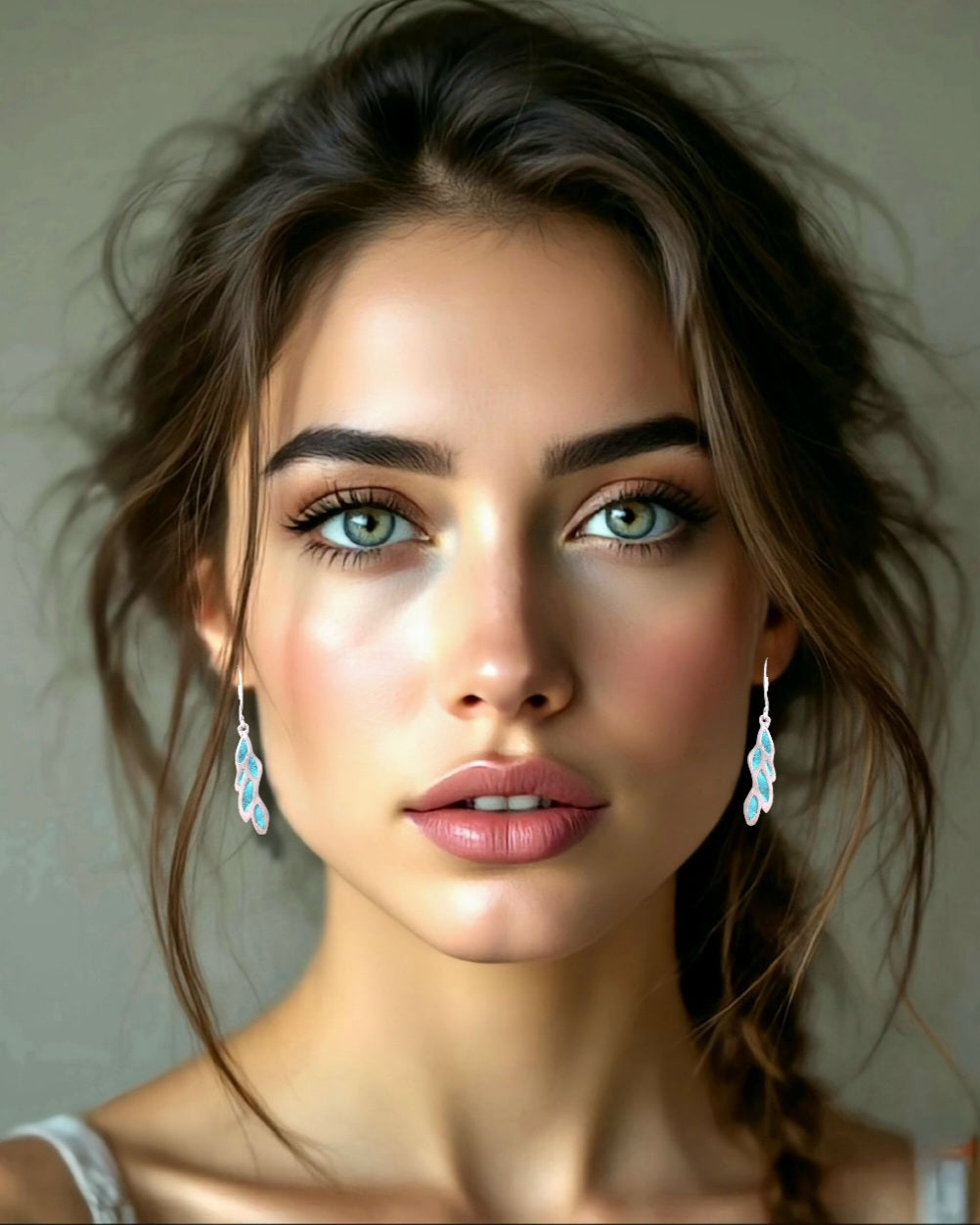 boucles d'oreilles feuilles de laurier en émail plique-à-jour turquoise bijoux artsanal chez maison CALUB