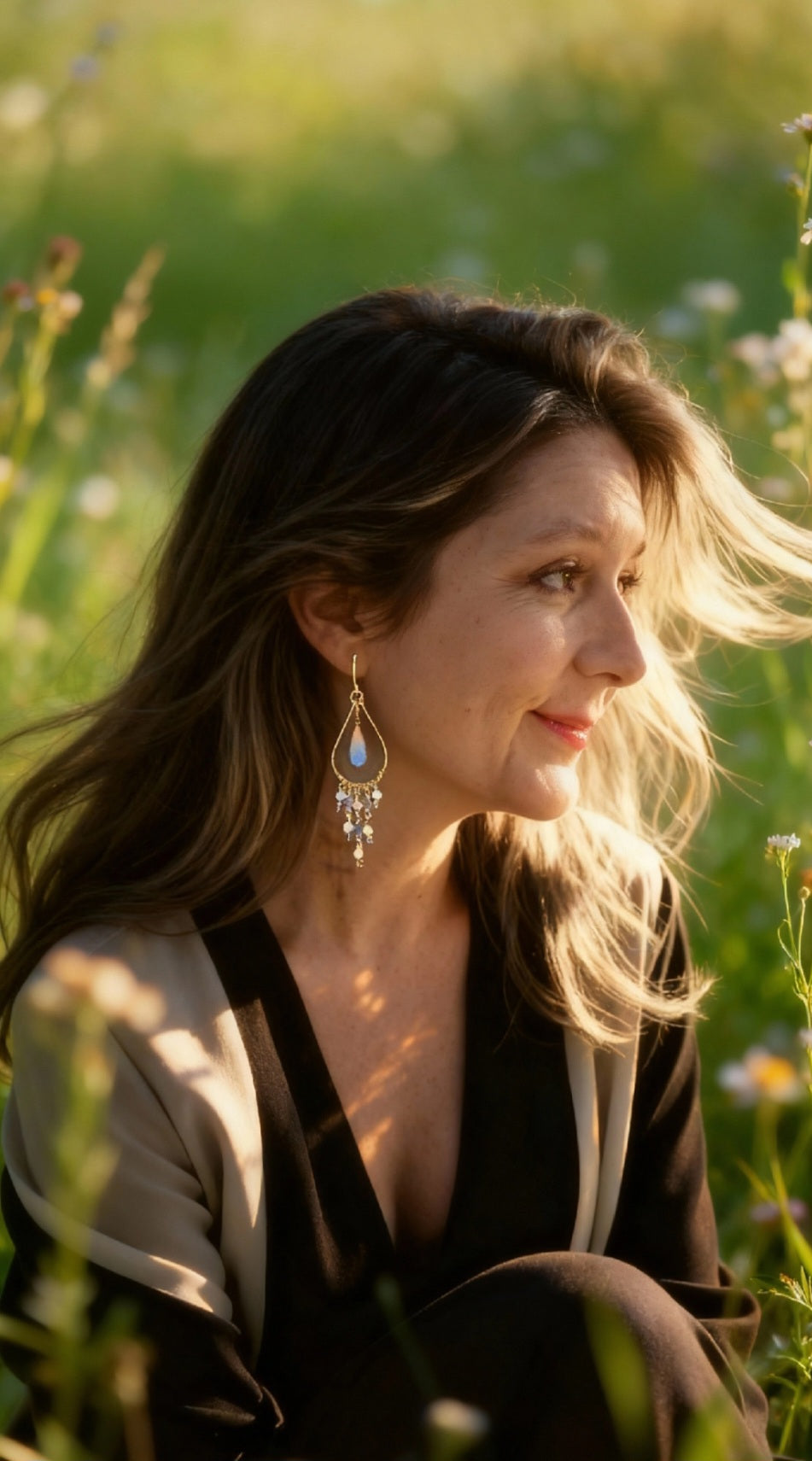 femme portant les Boucles d'oreilles chandelier argent aigue-marine émail bleu  création artisanale maison calub -  bijou artisanal fait main