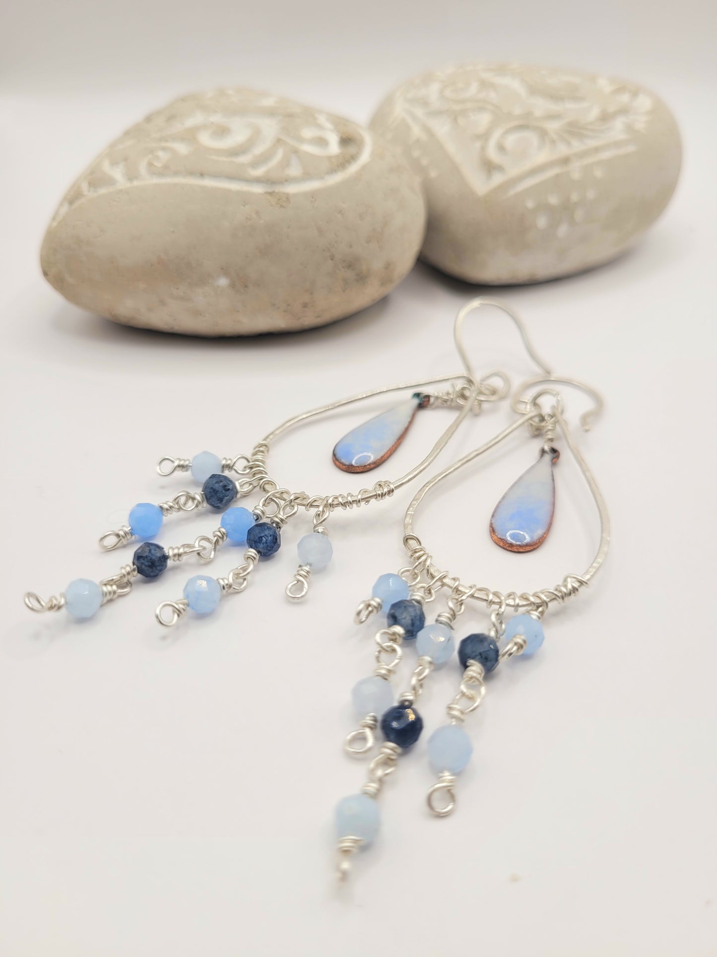 Boucles d'oreilles chandelier argent aigue-marine émail bleu  création artisanale maison calub