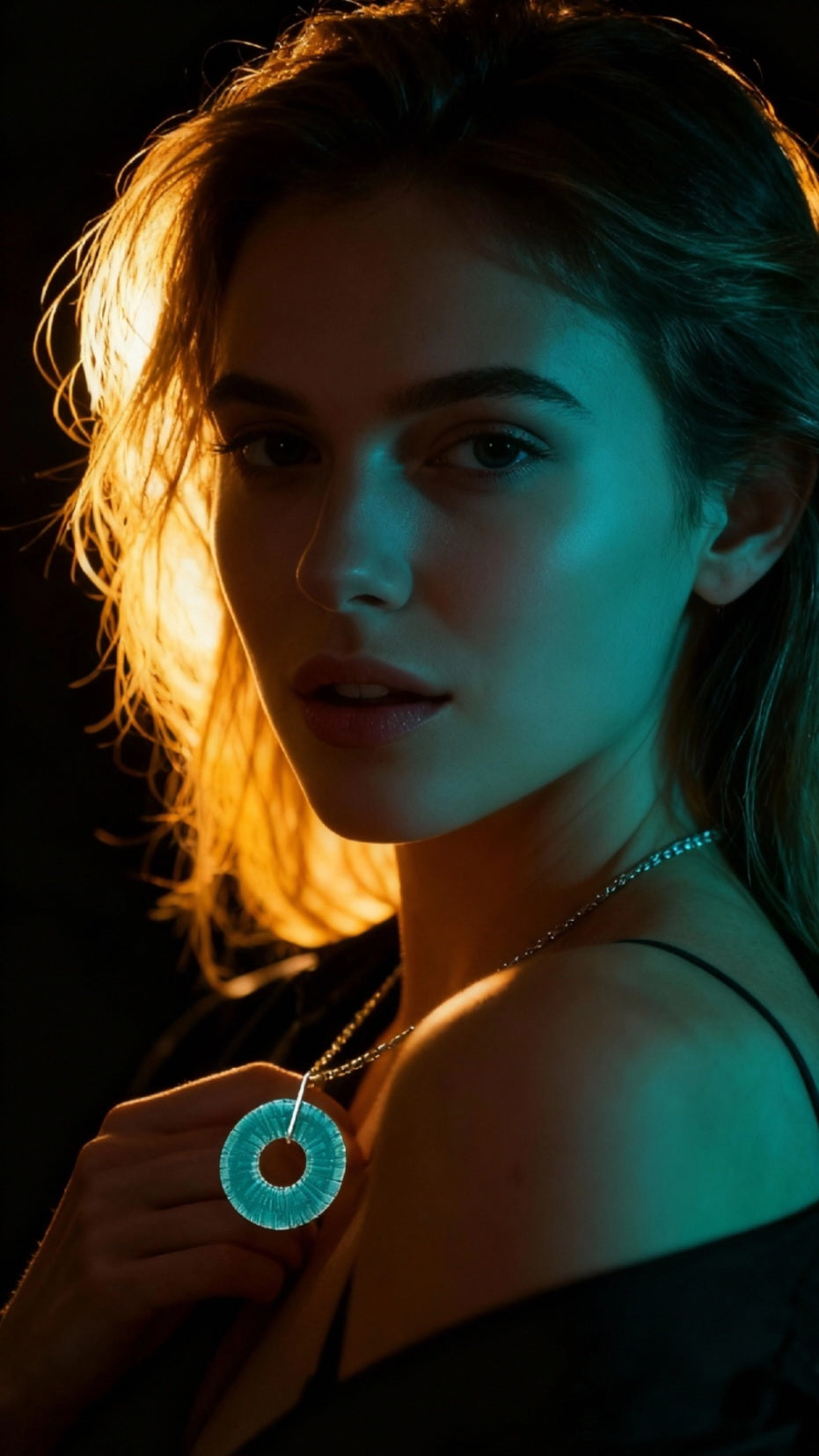 jeune femme montrant son  pendentif ROUE émail basse-taille sur argent fin de couleur turquoise -  maison CALUB émaux du Luberon. bijou artisanal en émail grand feu.