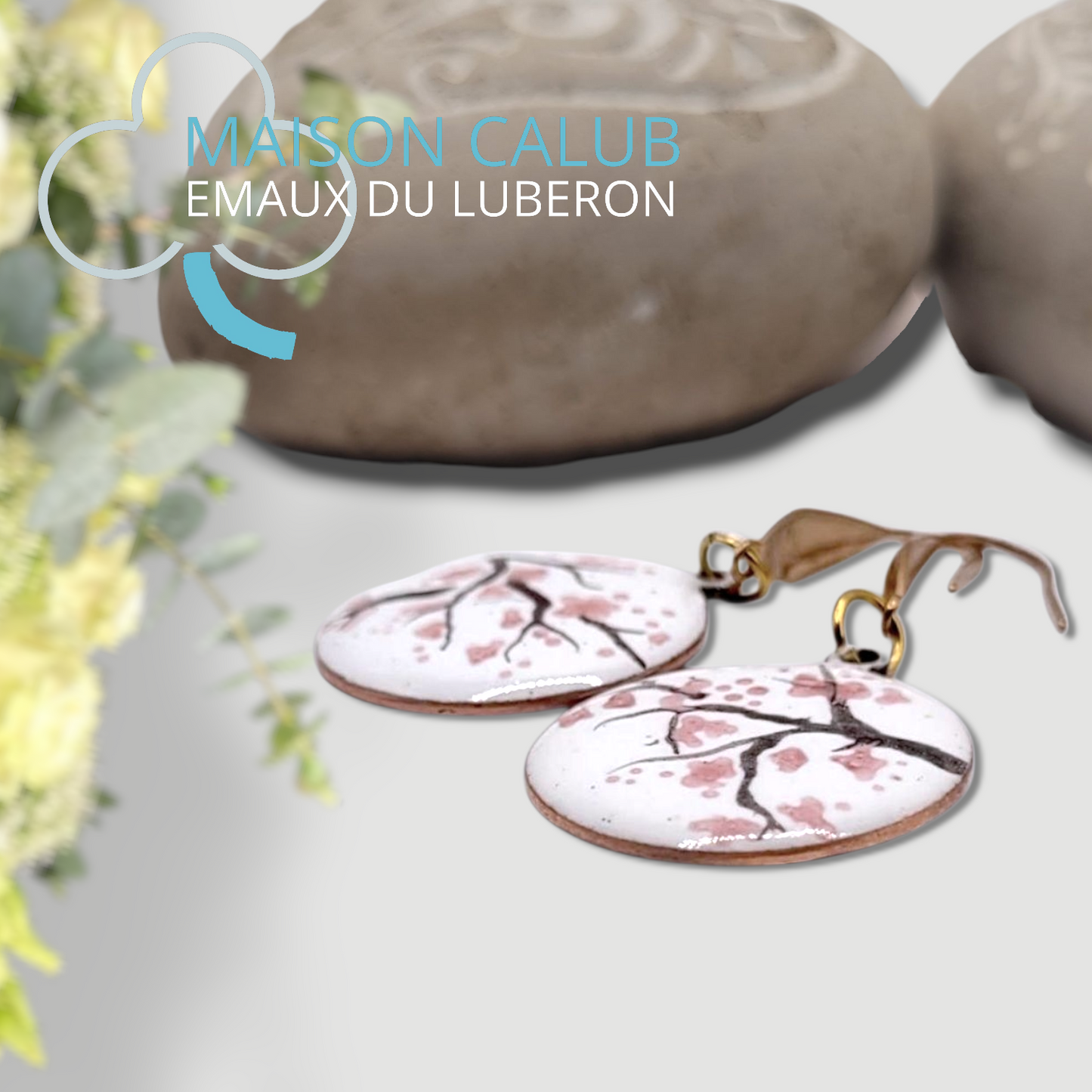 Boucles Oreilles Cerisier Rondes Émail Peint Cuivre Rose CALUB