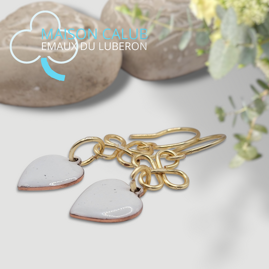 Boucles Oreilles Coeur Pur Doré Émail Blanc Noeud Celtique Or CALUB