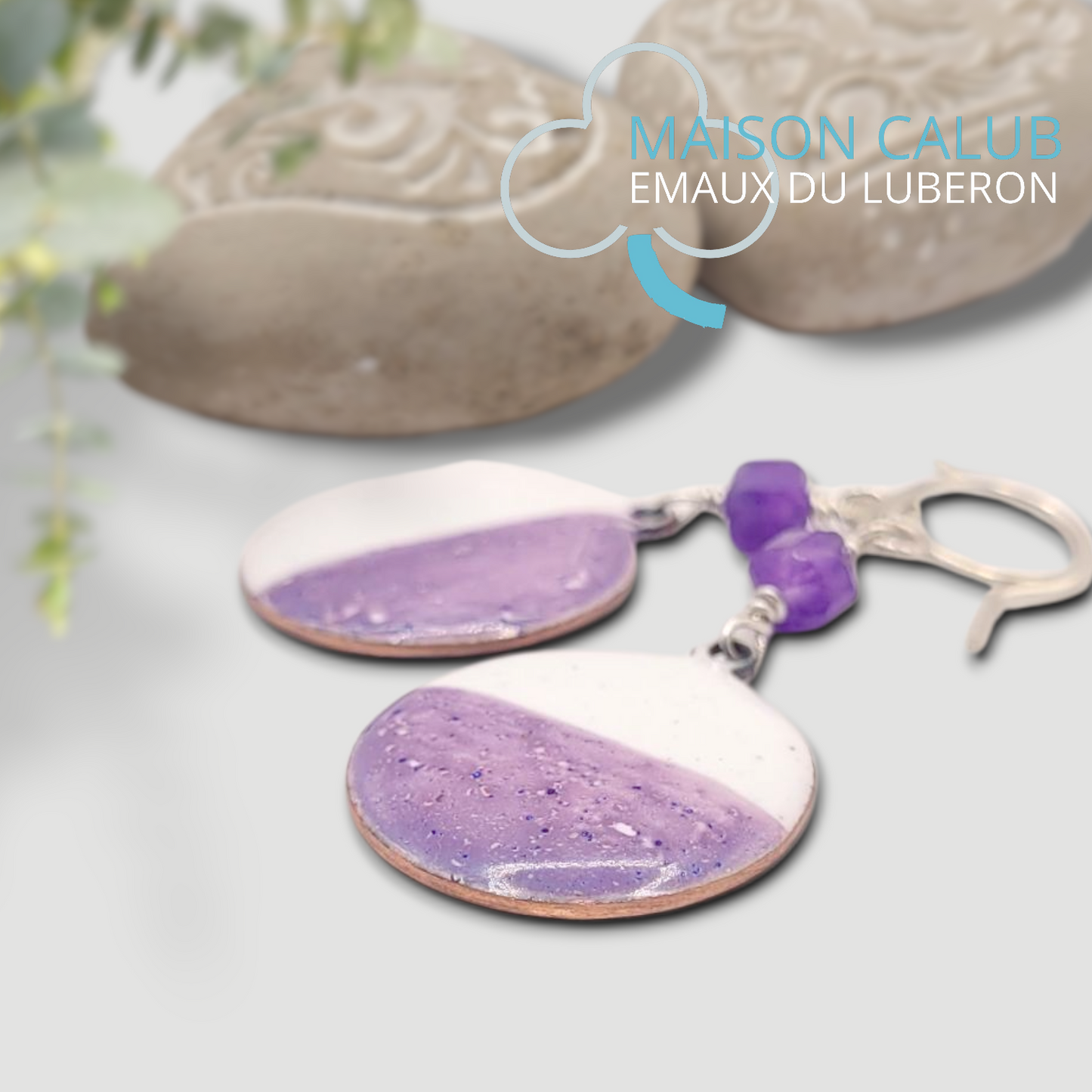 Boucles Oreilles Mi-Figue Mi-Raisin Émail Mauve Améthyste CALUB