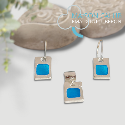 Parure Rectangle Bleu Azur – Émail Grand Feu plique-à-jour Argent Fin - maison CALUB