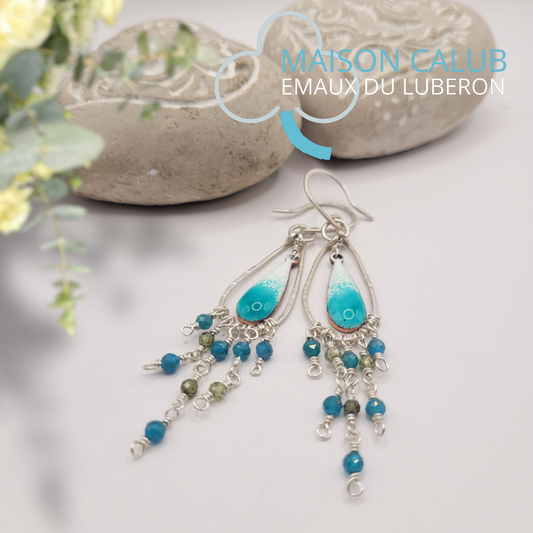 Boucles d'oreilles Chandelier Turquoise - Émail argent et pierres - Collection Les Uniques