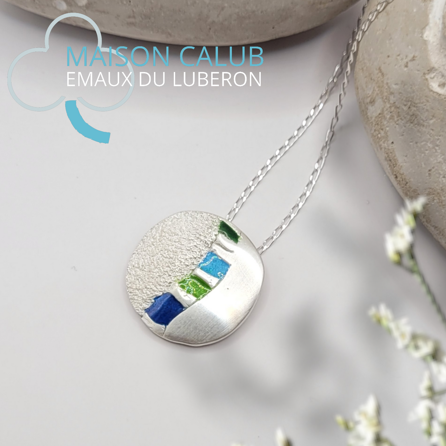 Pendentif Géométrique Bleu et Vert – Émail Champlevé sur Argent Fin - Maison CALUB