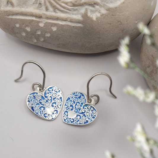 Boucles d'Oreilles Cœur Bleues – Émail Grand Feu sur Argent Fin - Maison CALUB