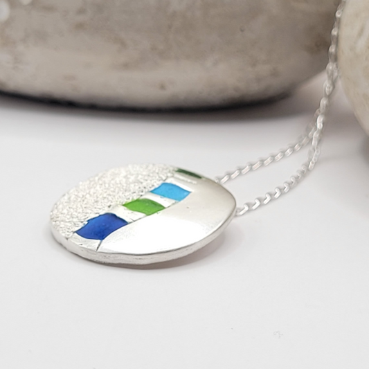 Pendentif Géométrique Bleu et Vert – Émail Champlevé sur Argent Fin - Maison CALUB