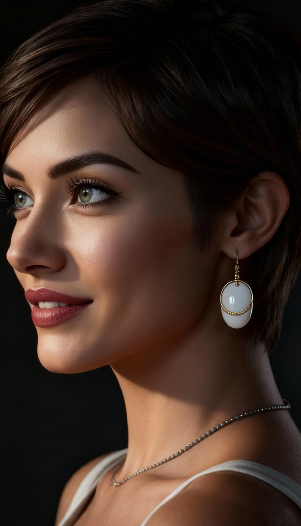 femme portant des boucles d'oreilles blanches en émail avec un anneau doré. Emaux traditionnels fait main chez maison calub. Bijou artisanal