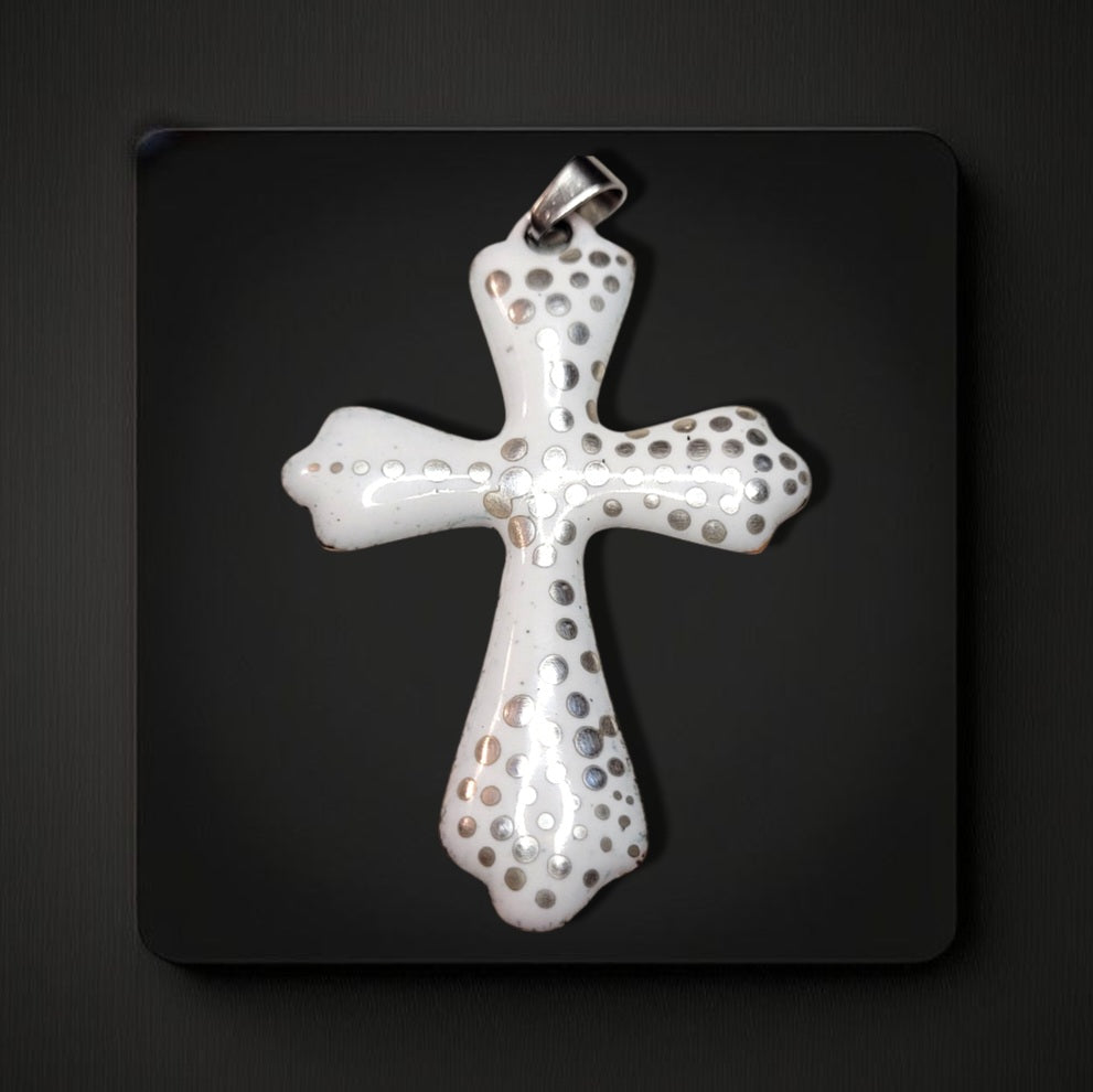 Pendentif Croix Émail Grand Feu Blanc et argent - Lustre Argent - Fait Main