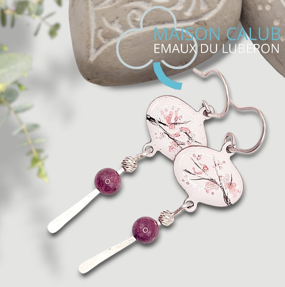 Boucles Oreilles Cerisier Longues Émail Peint Argent Rubis CALUB