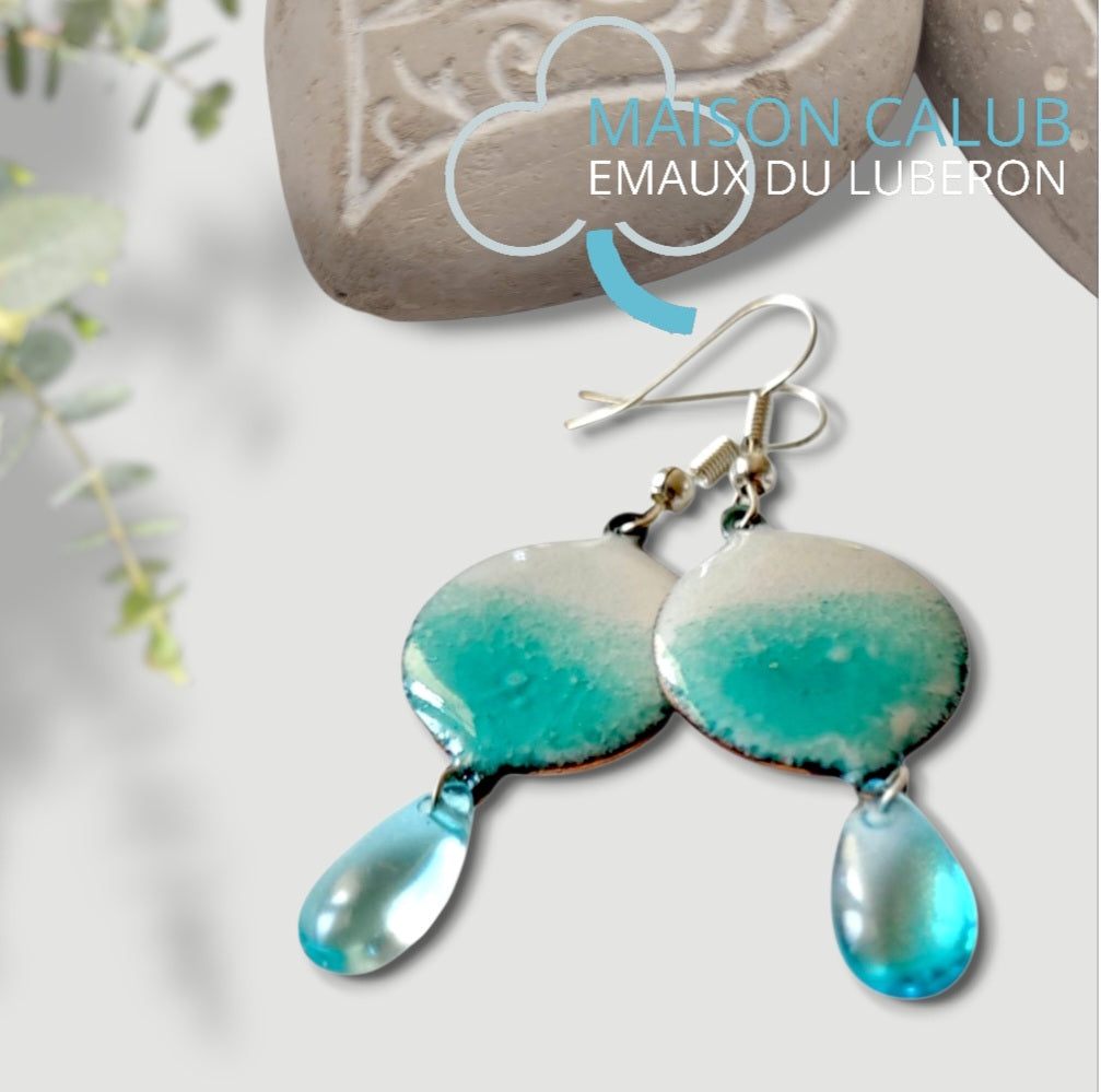 Boucles Oreilles Reflets Aquatiques Émail Turquoise Perles Verre CALUB