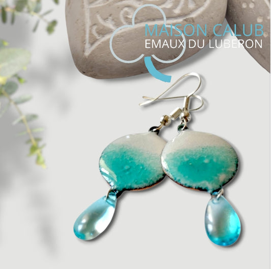 Boucles Oreilles Reflets Aquatiques Émail Turquoise Perles Verre CALUB