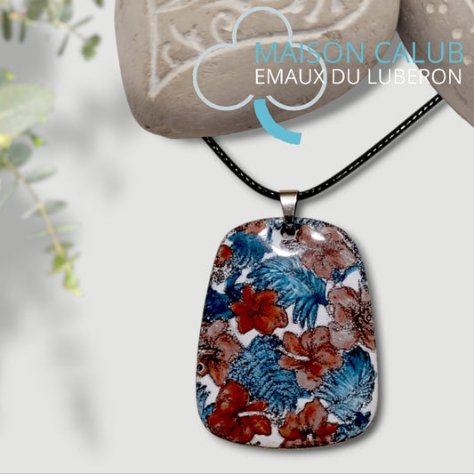 Pendentif Liberty Floral Rouge & Vert – Émail sur cuivre Peint