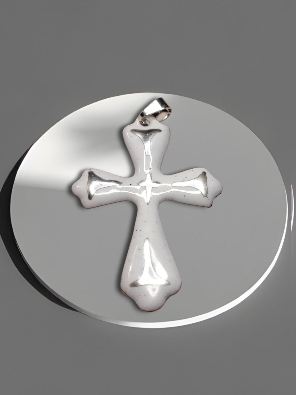 Pendentif Croix Émail Grand Feu Blanc et argent - Lustre Argent - Fait Main