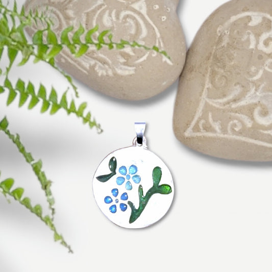 Pendentif Rond Floral Bleu et Vert – Émail Champlevé sur Argent Fin - Maison CALUB