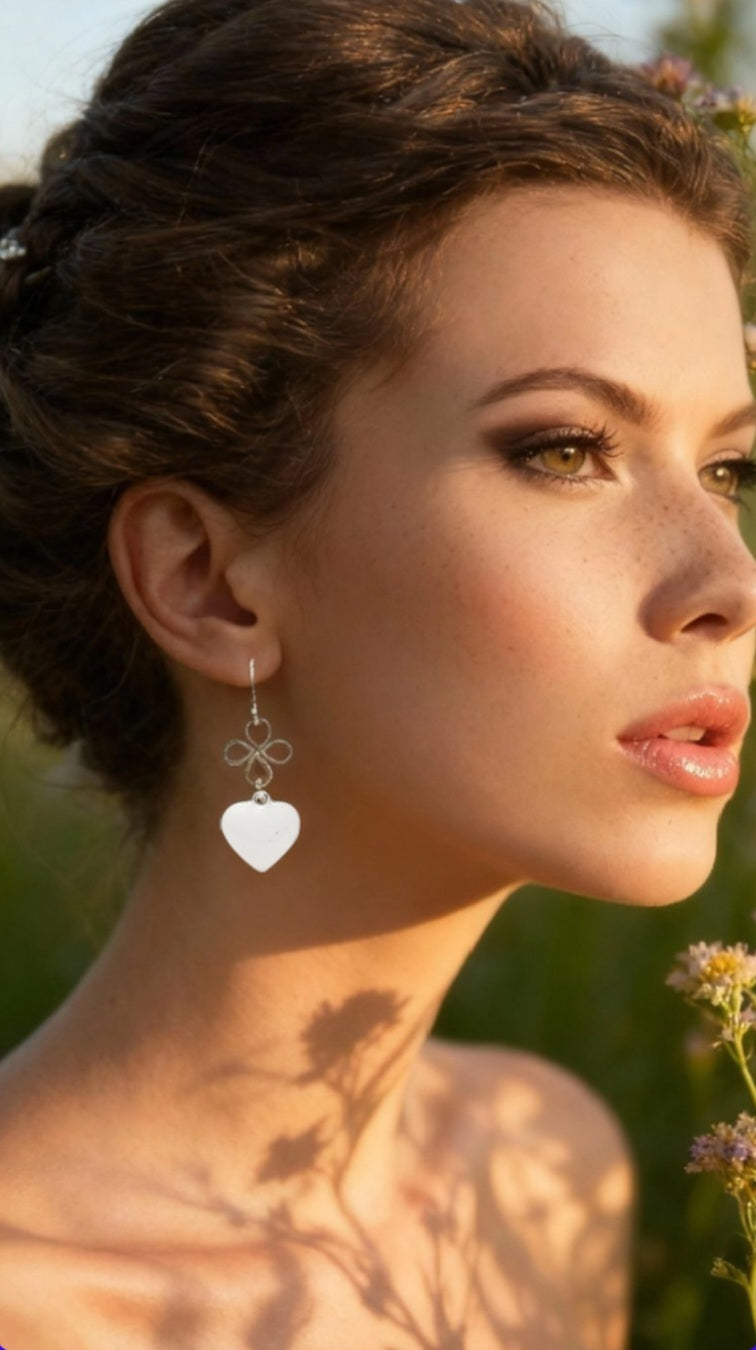 femme portant des boucles d'oreilles coeur en émail  blanc montage sur argent. Création artisanale de maison calub. Emaux opaques