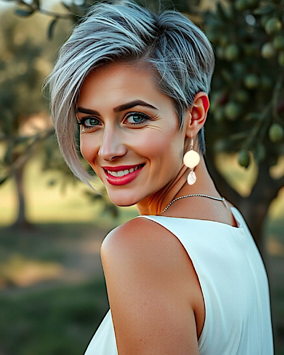 bijou artisanal chic pour ces boucles d'oreilles en émail sur cuivre ablanc crème avec une breloque d'argent fin pépite mobile de chez maison calub. Femme dans la nature
