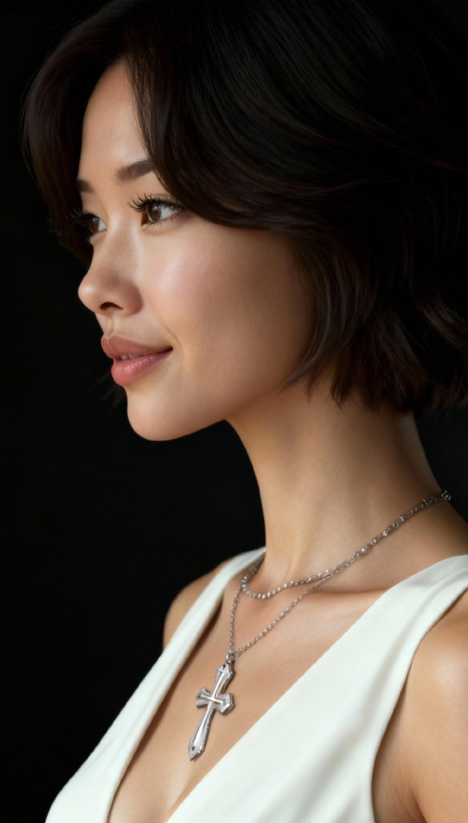 jeune femme en automne avec un bijou artisanal en email sur cuivre.  joli pendentif croix blanche emaux avec lustre d'argent fin bijou en email de maison Calub collier cordon