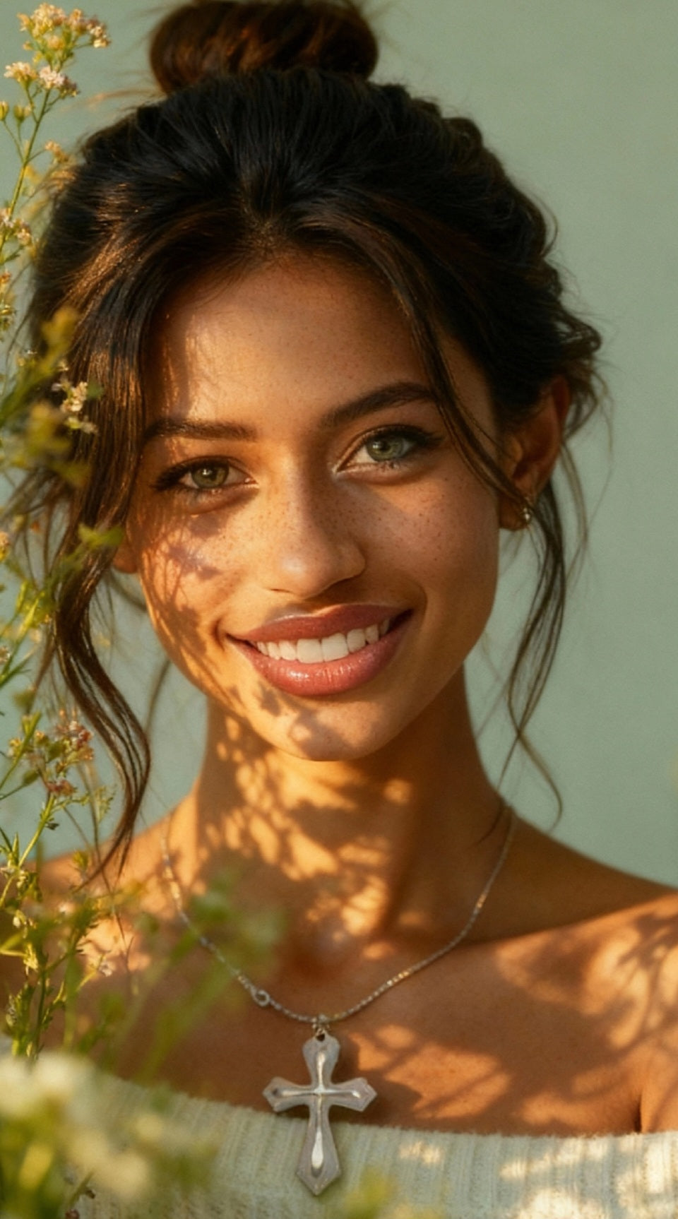 jeune femme en automne avec un bijou artisanal en email sur cuivre.  joli pendentif croix blanche emaux avec lustre d'argent fin bijou en email de maison Calub collier cordon