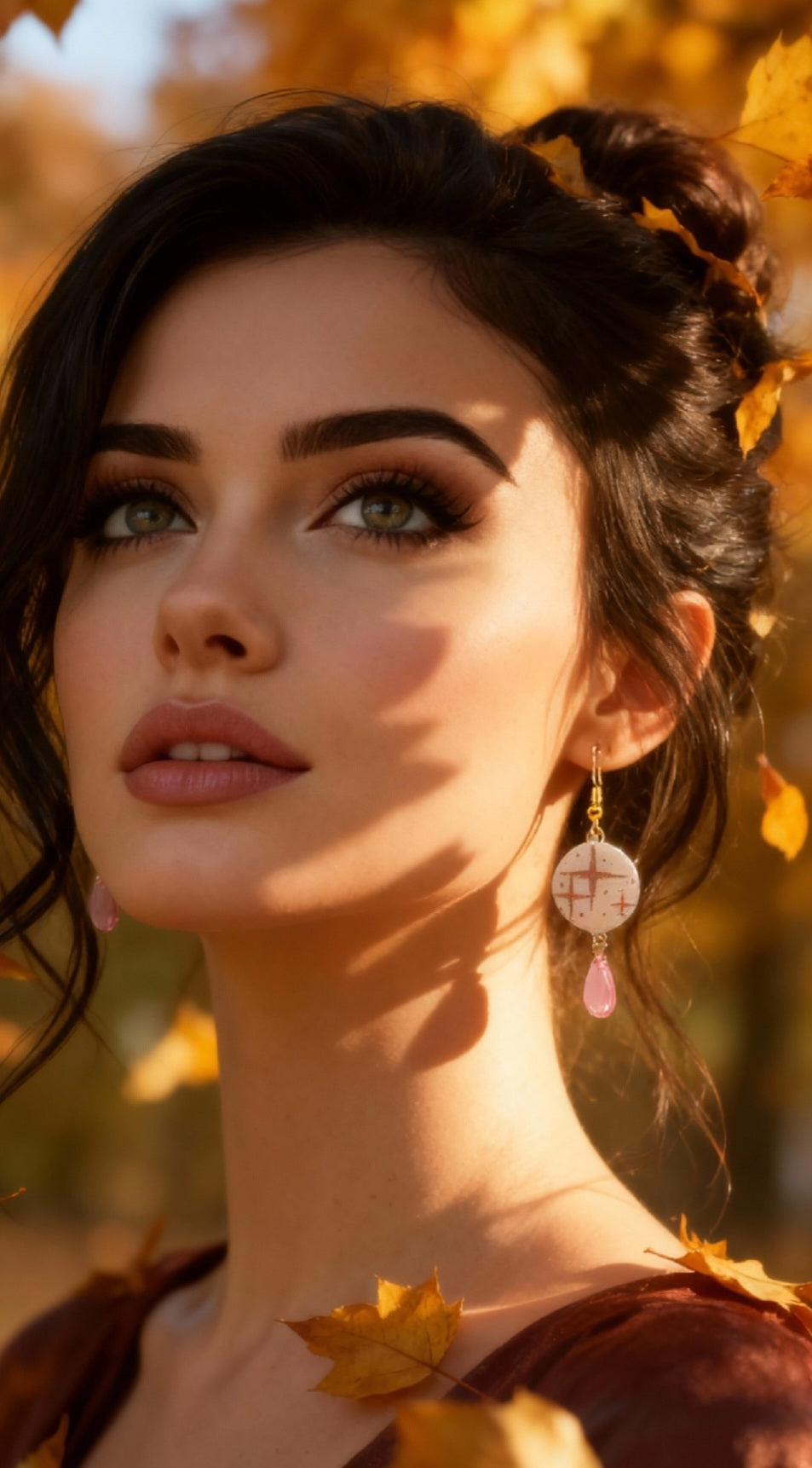 femme portant des boucles d'oreilles en émail sur cuivre aux motif d'étoiles rosés sur blanc prolongé par une perle de verre goutte. Bijou artisanal fait à la main chez maison calub les emaux du Luberon