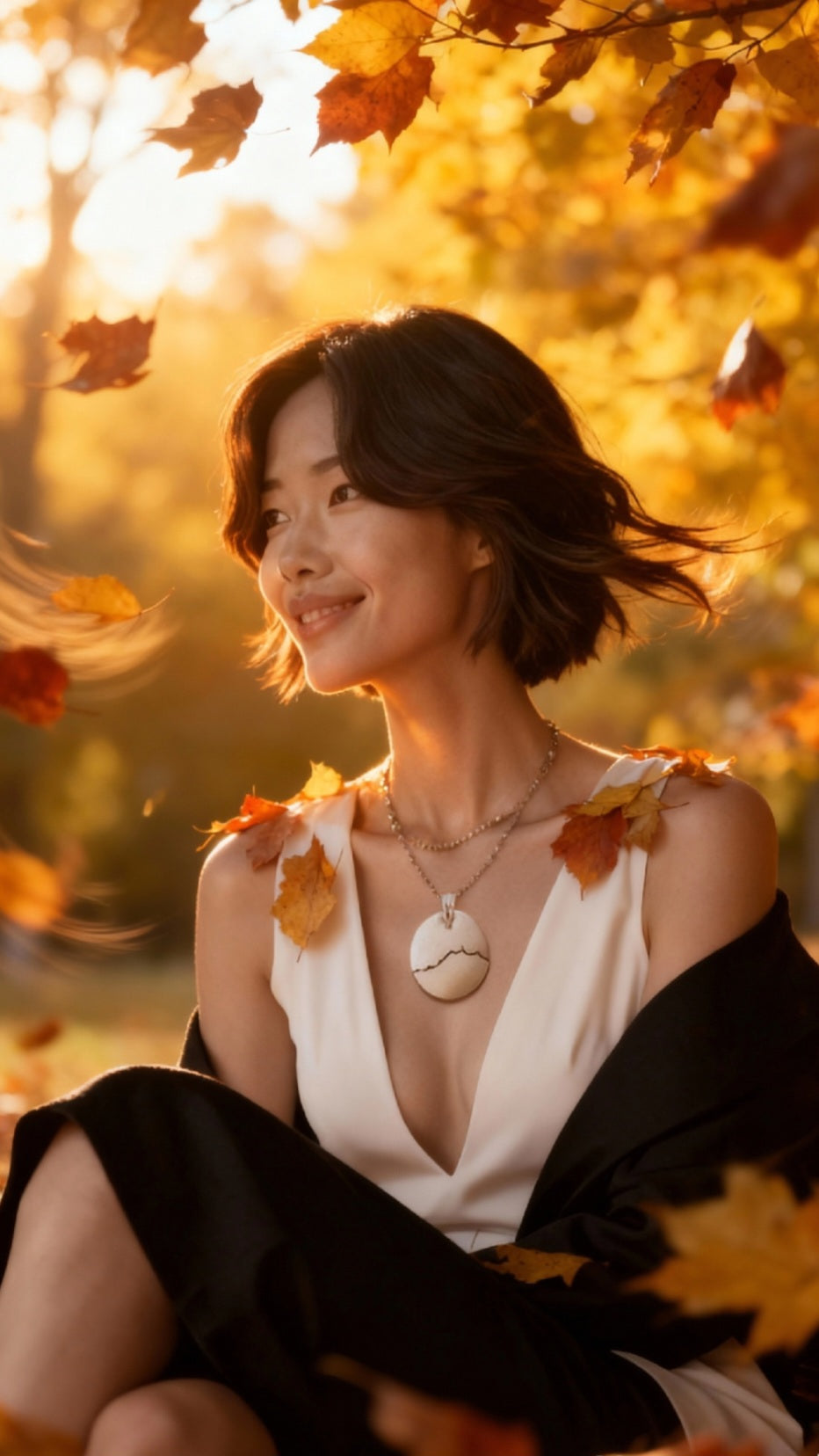 mannequin portant un bijou artisanal fait main, grand pendentif en émail blanc avec une ligne noire représentant le profil de la montagne Sainte-Victoire. Création originale Maison calub