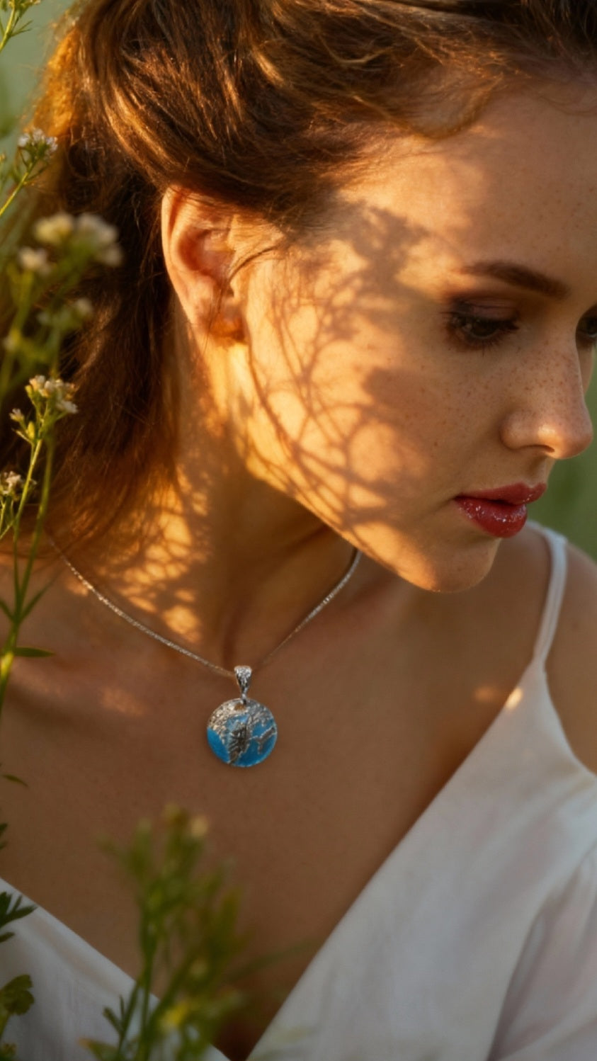 femme portant un pendentif glycine en émail grand feu technique du champlevé couleur bleu ciel - maison CALUB. Bijou artisanal unique
