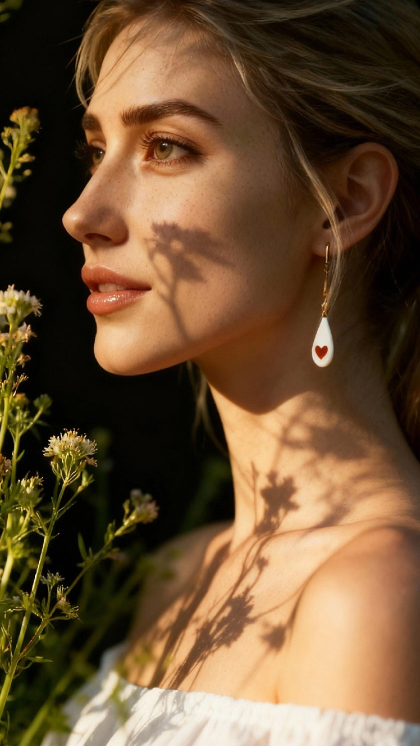femme portant des petites boucles d'oreilles gouttes émaux blancs avec des petits coeurs de lustre d'or. bijou artisanal en émail, création maison calub.