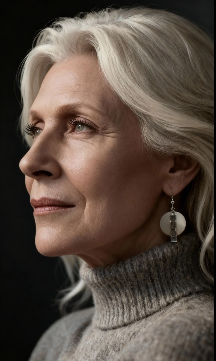 femme portant les boucles d'oreilles rondes pendant émaux de la maison CALUB, bijou artisanal en email avec perles miyuki