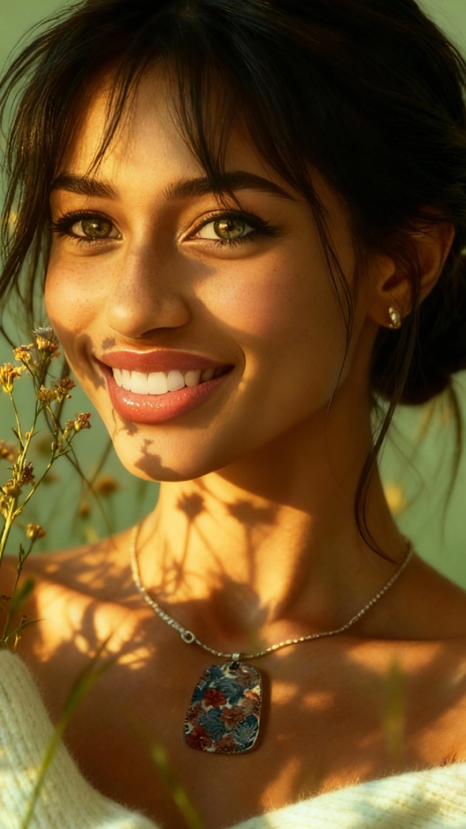 femme avec un pendentif de la ligne Liberty chez maison CALUB, forme trapèze, en émail peint à la main dans les tons rouges et verts, et monté sur un simple cordon
